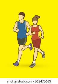 Man and woman running together, marathon runner graphic vector