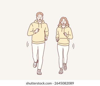 Man and Woman Running Together for Outdoor Exercise. Hand drawn style vector design illustrations.