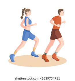 Man and woman running together, perfect for fitness, healthy lifestyle, and exercise themes. Flat vector illustration isolate on a white background.