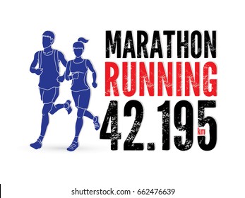 Man and woman running together with text marathon running number graphic vector.