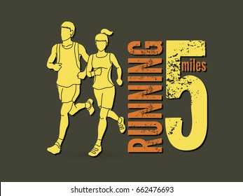Man and woman running together with text marathon running number graphic vector.