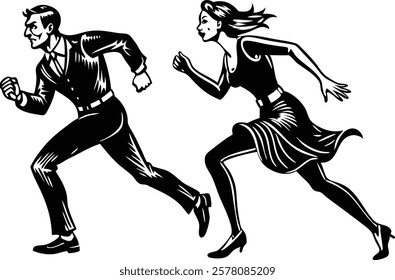 Man and woman are running   white background  vector art illustration