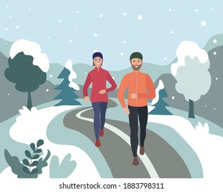 A Man And A Woman Running In A Winter Park. Sports Training Outside In The Snow. Runners On The Move. Marathon And Long Runs Outside. Running And Fitness Every Day In All Weathers. Vecyor Flat