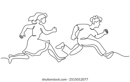 El hombre y la mujer corren muy rápido y rápido. Personas en la situación de trabajo de estrés o divertirse para correr. Dibujo continuo de una línea. Ilustración vectorial