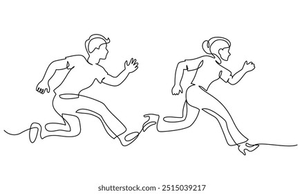 El hombre y la mujer corren muy rápido y rápido. Personas en la situación de trabajo de estrés o divertirse para correr. Dibujo continuo de una línea. Ilustración vectorial