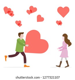 Man and woman rush to each other for a meeting, hearts. Birthday, Valentine's day vector background. Design for greeting card, banner, poster or print.