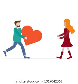 Man and woman rush to each other for a meeting, heart. Birthday, Valentine's day vector background. Design for greeting card, banner, poster or print.