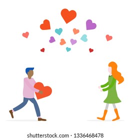 Man and woman rush to each other for a meeting, hearts. Birthday, Valentine's day vector background. Design for greeting card, banner, poster or print.