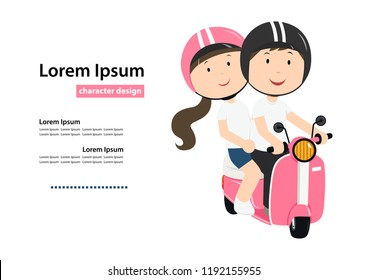 man   woman and safety helmet ride pink motorcycle cartoon character design
