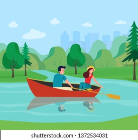 Man and woman are sailing in a boat. Vector flat illustration.