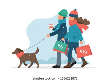Man and woman with sales bags, walking the dog in winter. Cute vector illustration in flat style.