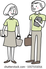 Man and woman in same uniform standing and talking. Cute young couple standing together and chatting cheerfully. Man and woman talking.  Vector illustration with hand-drawn style.