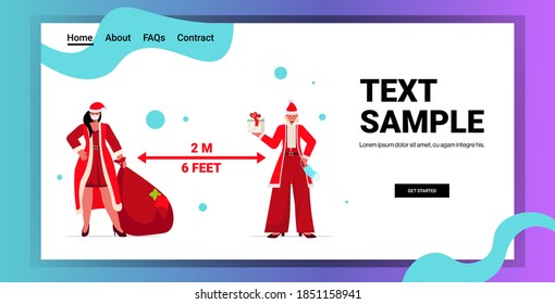 man woman in santa claus costumes keeping social distance to prevent coronavirus new year christmas holidays celebration concept full length horizontal copy space vector illustration
