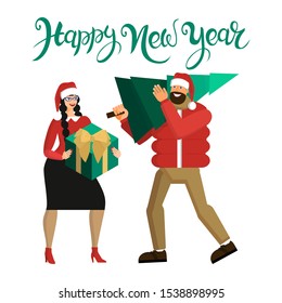 Man and woman in Santa hats, married couple or lovers, are preparing for celebration of New year. Woman packs gift, man brought Christmas tree home. Flat cartoon style. Isolated elements on white