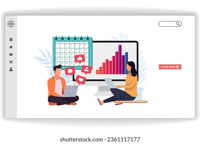 A man and a woman sat looking at the laptop. website page Social Marketing. Modern flat design concept of web page design for website and mobile website
