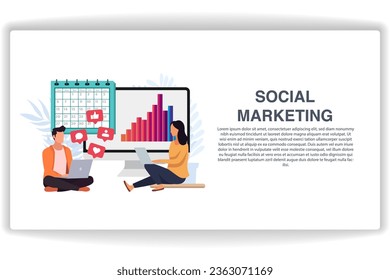 A man and a woman sat looking at the laptop. website page Social Marketing. Modern flat design concept of web page design for website and mobile website
