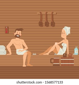 Man and woman in sauna vector illustration. People in towels sitting in hot sauna, romantic leisure couple. Wellness spa resort, relax and enjoy body care treatment. Husband and wife in sauna together