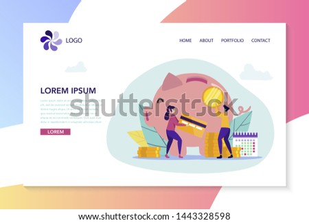 Man and Woman Save Money in Bank and Piggy Bank. Concept for Buying Home. Credit Project. Vector Illustration. Сoin and Card. White Background and Logo. Add Coin to Piggy Bank. Conclude Agreement.