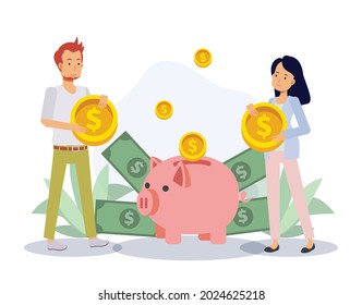 Man and woman saving money in piggy bank.Economy and financial independence,saving money concept.Flat vector 2D cartoon character illustration.