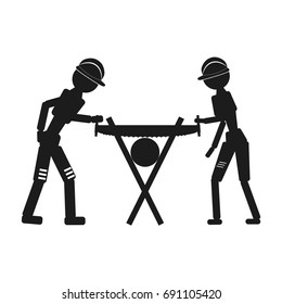 A man and a woman are sawing a log Vector black icon on white background.