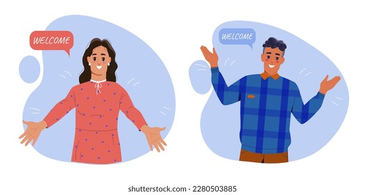 Man and woman say welcome. Set of friendly and cheerful characters. Employees or students meet newcomer with attractive gesturing. Cartoon flat vector illustrations isolated on white background