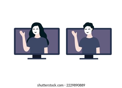 Man and woman scammer on computer monitor screen set. Online fraud, scam, data hacking, cybercrime, web security concepts. Flat people character vector design illustration.