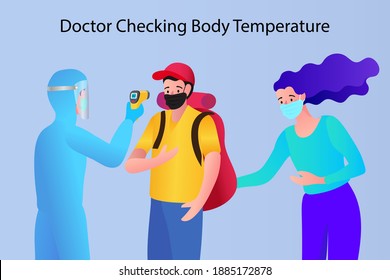 Man and woman scan temperature body check via Infrared Thermometer, Social distancing concept,keep distance in public society people