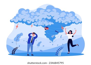 Man and woman scared of hurricane or storm vector illustration. Cartoon drawing of people shocked by house and car in tornado. Danger, natural disaster, seasons, weather or meteorology concept