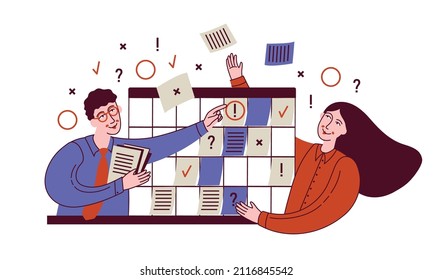 Man and woman schedule tasks. Teamwork. Business planning. Planning schedule and calendar concept.