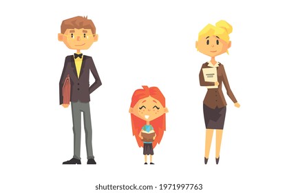 Man and Woman School Teacher or Educator and Girl Pupil with Book Vector Set