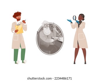 Man and Woman Scientist Character Conducting Scientific Research Vector Illustration Set