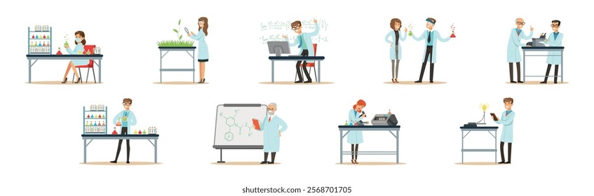 Man and Woman Scientist Character in Laboratory Do Research Vector Set