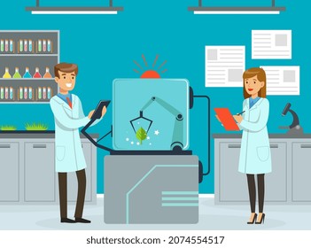 Man and Woman Scientist Conducting Experiment with Artificial Intelligence Assistance Vector Illustration