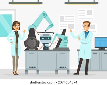 Man and Woman Scientist Conducting Experiment with Artificial Intelligence Assistance Vector Illustration