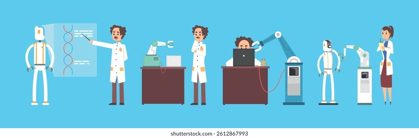 Man and Woman Scientist Inventing Robot and Artificial Intelligence Vector Set