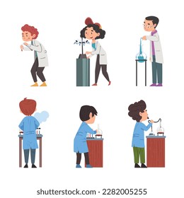 Man and Woman Scientist in Lab Coat with Flask Conducting Scientific Research Vector Set