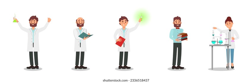 Man and Woman Scientist in Laboratory Doing Research Vector Set