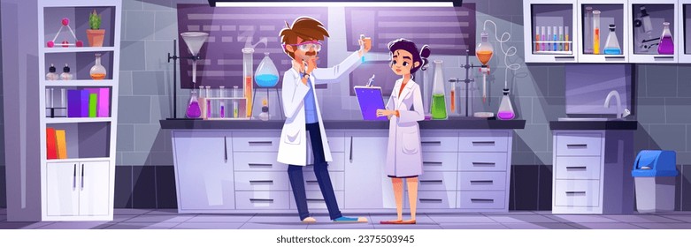 Man and woman scientist in research laboratory cartoon background. Science lab interior with chemistry equipment and biologist discovery innovation engineering. Technician indoor near glassware svg