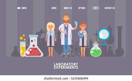 Man and woman scientists cartoon characters, vector illustration. Laboratory website design, landing page template. Scientific research antivirus vaccine, chemical lab. Pharmacy specialists 