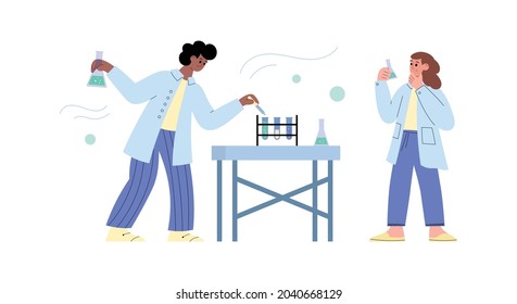 Man and woman scientists create vaccine or medicine at science laboratory. Chemists doing pharmaceutical researchers working with drug in flasks and test tubes. Vector illustration