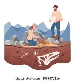 Man and woman scientists in history expedition vector flat illustration. Archeological excavation concept. Archaeologists researching and digging, paleontology scientists working at excavations.