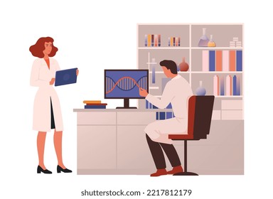 Man and woman scientists working in the genetic laboratory. DNA study. Genome mutation analysis. Molecular genetics. Flat vector illustration.