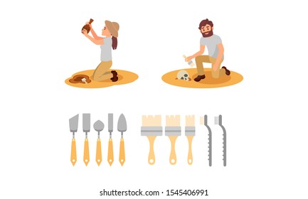Man and Woman Scientists Working on Excavations, Archaeological Artifacts Vector Illustration