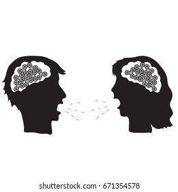 Man and woman scream at each other. Their brains contains gears like as spinners. Black silhouette on white background.