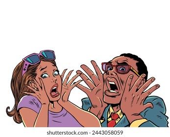 A man and a woman scream in horror, covering their faces with their hands. Scary honeymoon proposals. Surprised and frightened clients. Pop Art Retro Vector Illustration Kitsch Vintage 50s 60s Style