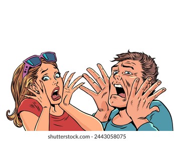 A man and a woman scream in horror, covering their faces with their hands. Scary proposals for couples. Surprised and frightened clients. Pop Art Retro Vector Illustration Kitsch Vintage 50s 60s Style