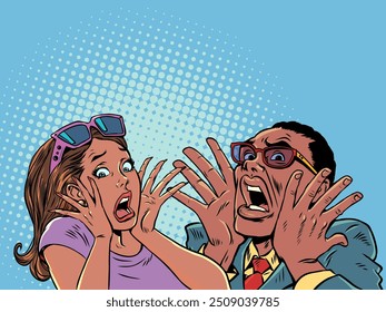 A man and a woman scream in horror, covering their faces with their hands. Scary honeymoon proposals. Surprised and frightened clients. Pop Art Retro Vector Illustration Kitsch Vintage 50s 60s Style