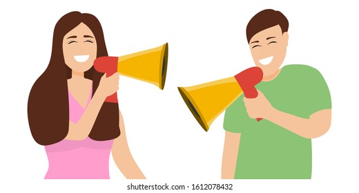 Man and woman screaming in loudspeaker sound isolated on white