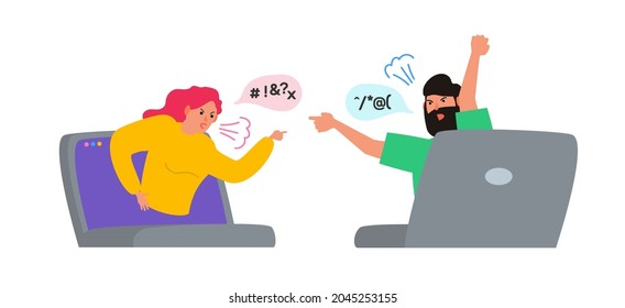 man and woman screaming quarrel conflict cyber bullying from laptops internet social media vector illustration