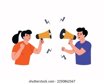Man and woman screaming through megaphone. Vector flat cartoon illustration